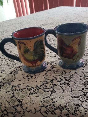 Certified International Rooster Ceramic Mugs - Blue, Yellow & Red Accents